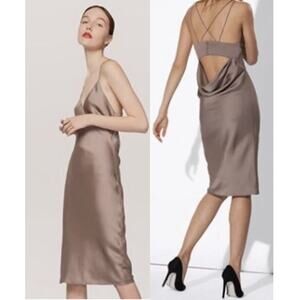 NWT Fame & Partners Gary Ziv Satin V-Neck Midi Slip Dress Dark Tan Women's US 4